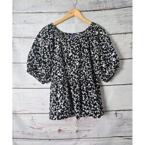Old Navy Womens Top Size XL Black Tan Floral Open Back Short Puff Sleeve